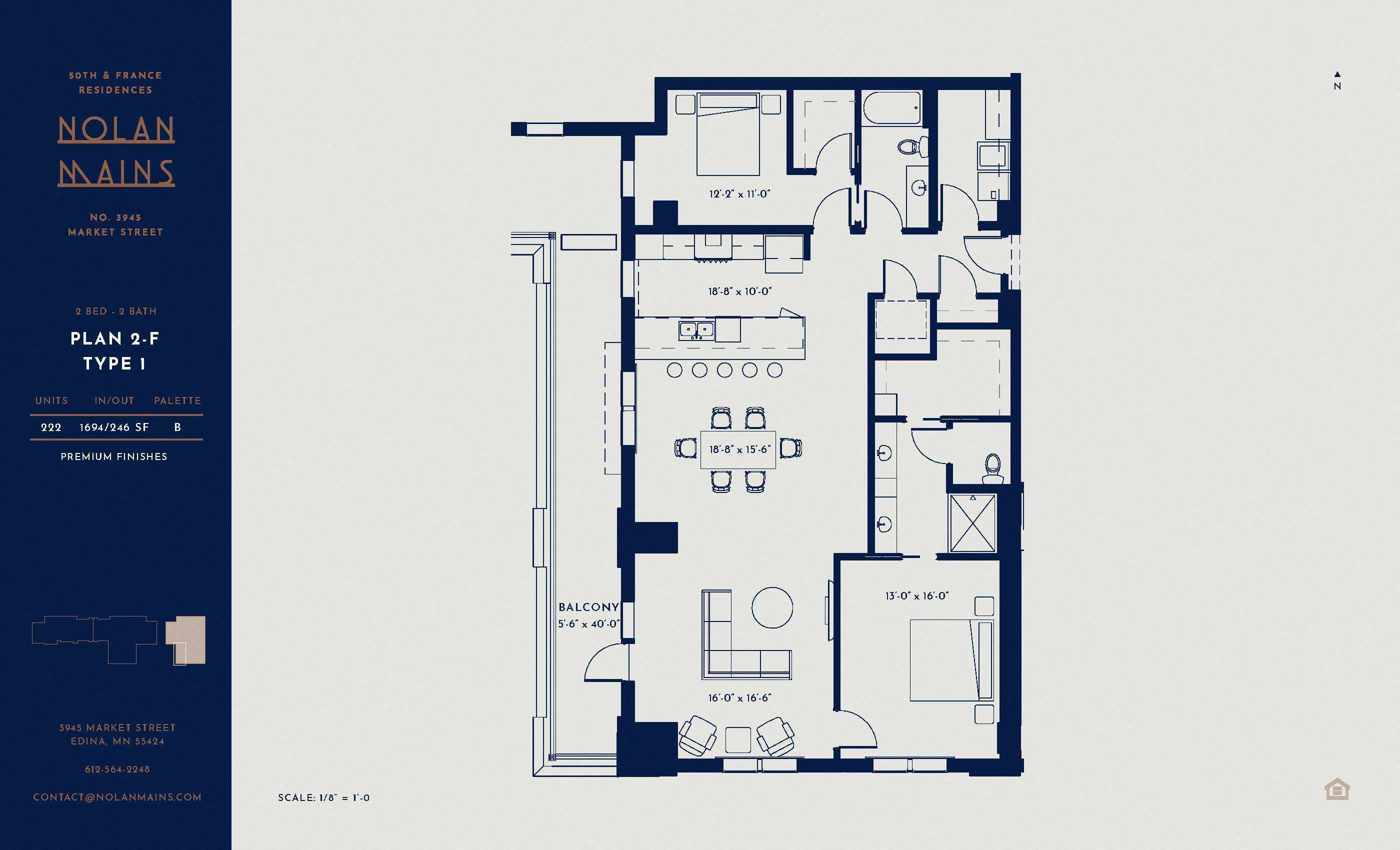 Floor plan for 2 beds, 2 baths, 1694 sqft